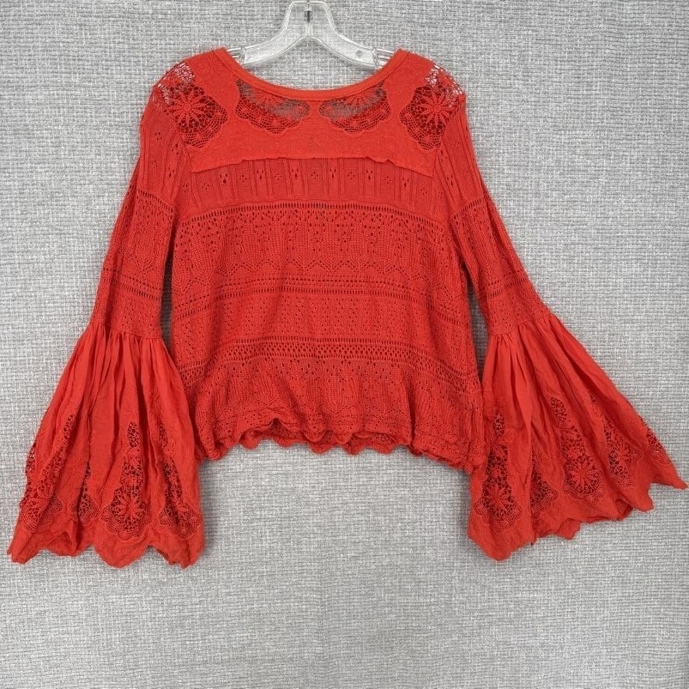 Urban Outfitters Blouse Women L Orange Boho Crop Bell Sleeve Crochet Embroidered